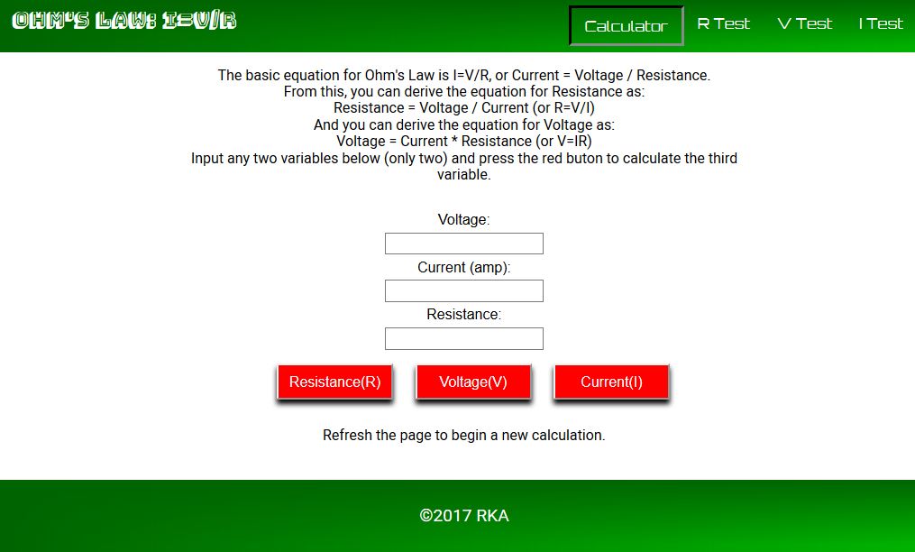 Ohm's Law Calculator and Self Tests